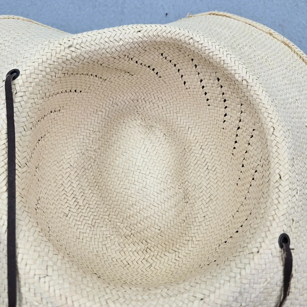 Unisex Sun Hat OS Beige Straw Braided Wide Brim Beach Leather Chin Cord Cap